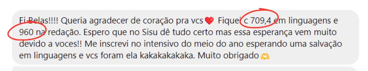 Mensagem: fiquei com 709,4 em Linguagens e 960 na redação.