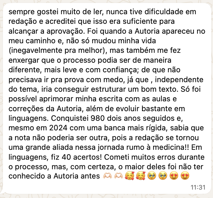 Depoimento: conquistei 980 na redação dois anos seguidos e fiz 40 acertos em Linguagens, rumo à Medicina.